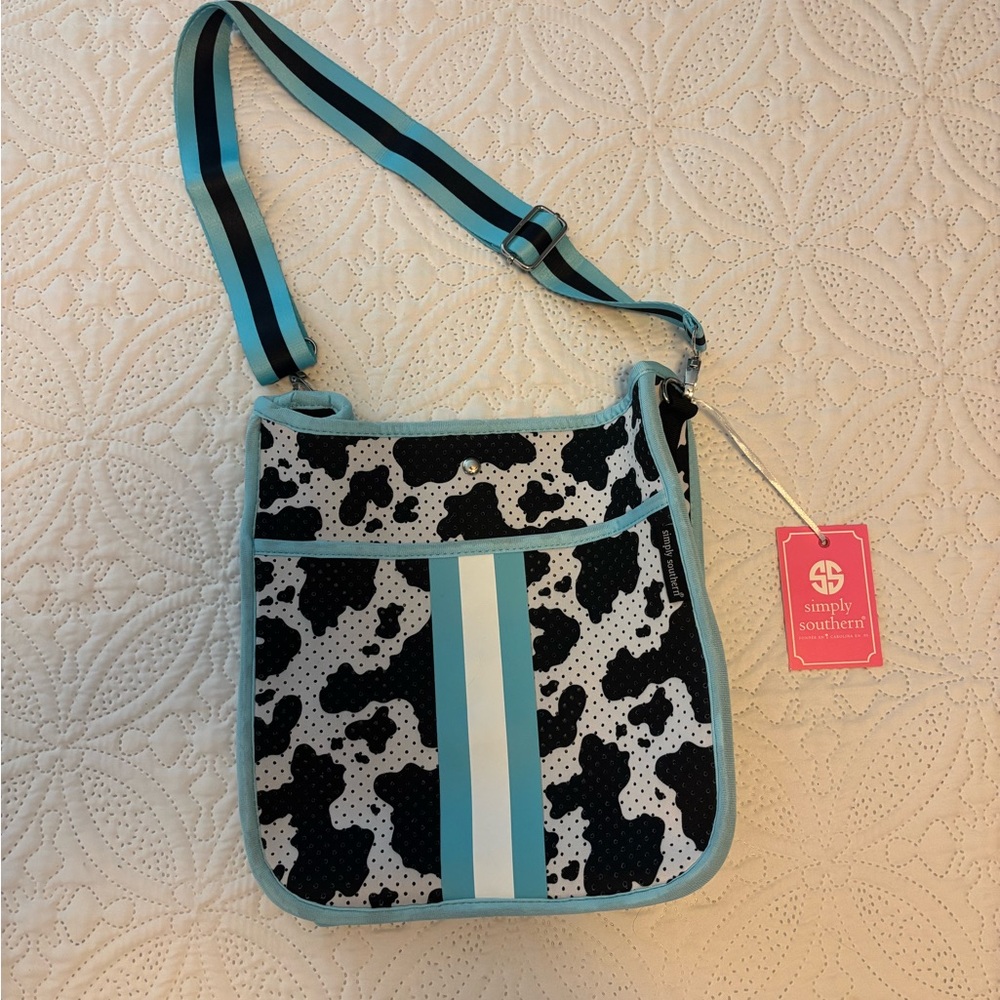 Simply Southern Cow Print Crossbody Bag - Black and Light Blue